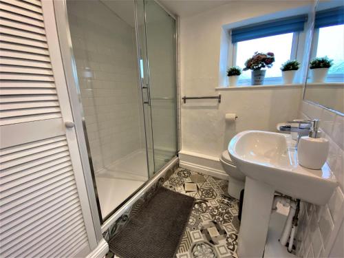 a bathroom with a sink and a shower at 1 bed in Pwllheli 60173 in Pwllheli