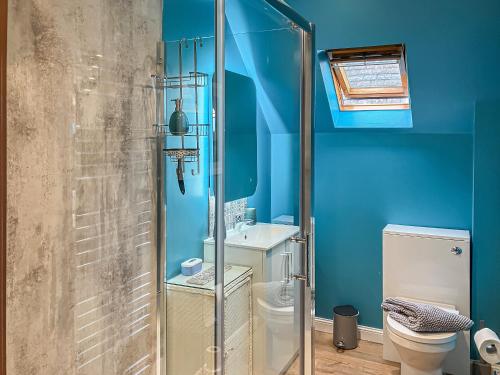 uma casa de banho azul com um WC e uma cabina de duche em vidro. em Beach Croft em Brora