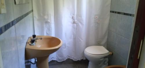 a bathroom with a sink and a toilet and a shower curtain at La Casa de Irma in Valeria del Mar