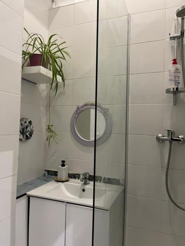 ein weißes Badezimmer mit einem Waschbecken und einem Spiegel in der Unterkunft Appart VH - Bienvenue au Lilas in Les Lilas