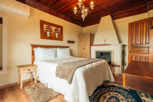 a bedroom with a bed and a fireplace at Pousada Cerejeiras in Monte Verde