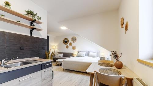 cocina y dormitorio con cama y mesa en Apartmán pod Špilberkem, en Brno