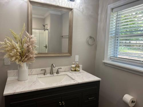La salle de bains est pourvue d'un lavabo et d'un miroir. dans l'établissement Cozy Lake Home at Raysville, à Thomson