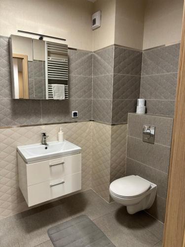 a bathroom with a toilet and a sink and a mirror at comfort Point in Gorzów Wielkopolski