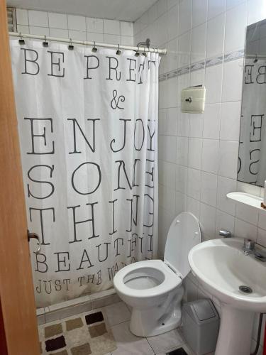 a bathroom with a toilet and a shower curtain at Casa con pileta "TU CASITA EN VIEDMA" calle Junin 1877 in Viedma
