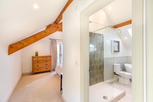 a bathroom with a shower and a toilet at Ysgubor Maen Y Bardd in Conwy