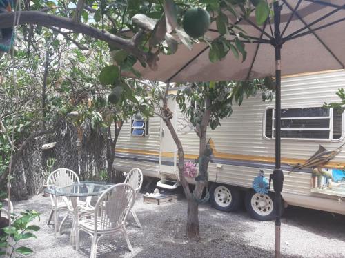 einen Tisch und Stühle unter einem Regenschirm neben einem Wohnwagen in der Unterkunft Casa rodante los cachorones in Loreto