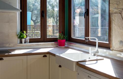 eine Küche mit einem Waschbecken und zwei Fenstern in der Unterkunft Casa Rural Madre Maravillas in Navalcán