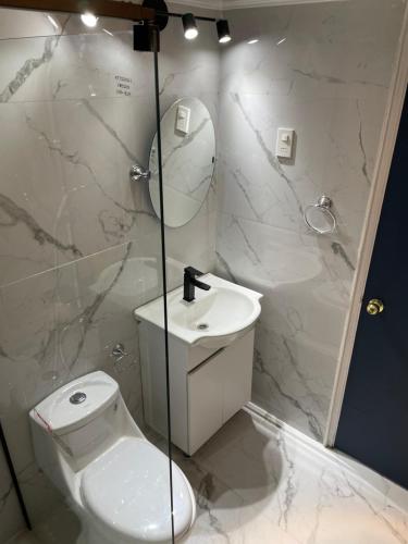 een witte badkamer met een toilet en een wastafel bij Lechón Marina in Viña del Mar