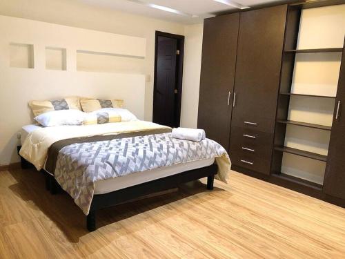 a bedroom with a large bed and a closet at Elegant Loft Remigio Crespo + Garage in Cuenca