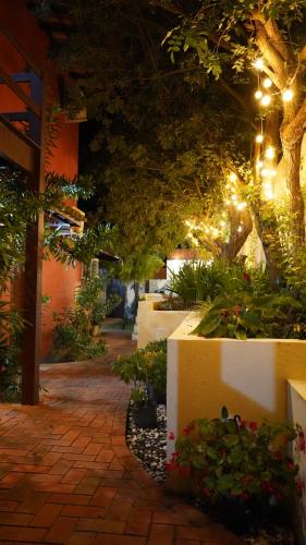 a garden at night with lights and plants at Hotel Liberdade Búzios in Búzios