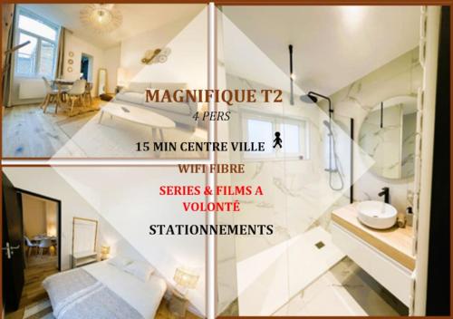 a collage of three pictures of a bathroom at L'Escapade des Privilégiés in Amiens