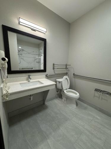 a bathroom with a toilet and a sink and a mirror at Red Roof Inn & Suites Lake Charles in Lake Charles