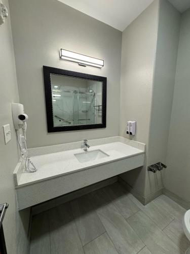 a bathroom with a sink and a mirror at Red Roof Inn & Suites Lake Charles in Lake Charles