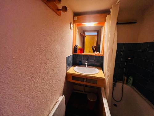La petite salle de bains est pourvue d'un lavabo et d'une baignoire. dans l'établissement Appartement Les Saisies, 2 pièces, 6 personnes - FR-1-293-397, à Hauteluce