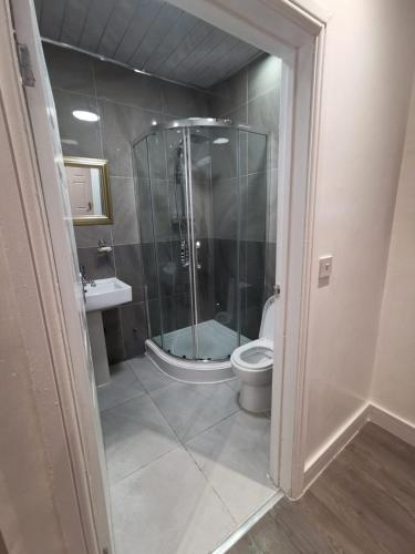 a bathroom with a shower and a toilet and a sink at Studio Apartment near Luton Airport and Luton Central in Luton