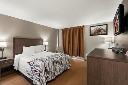 a hotel room with a bed and a desk at Red Roof Inn Martinsburg in Martinsburg