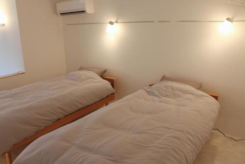 今治市にあるImabari taisei hotelのベッド2台 壁に照明が付く部屋