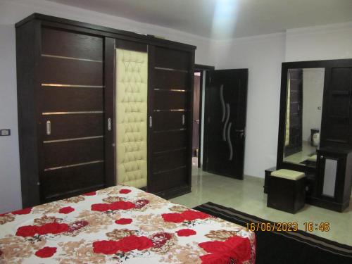 een slaapkamer met een bed, een dressoir en een spiegel bij شقة بالجيزة in Caïro