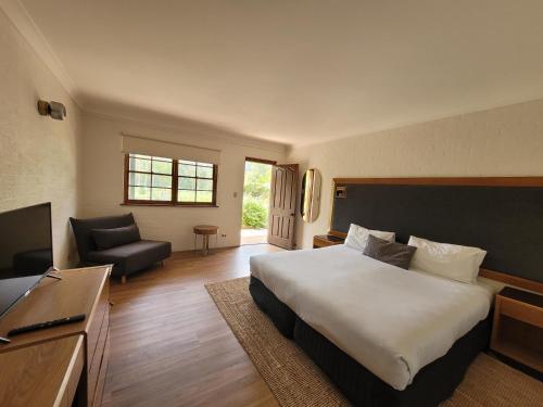 ワイズマンズ・フェリーにあるWisemans Retreatの大型ベッドとテレビが備わるホテルルームです。