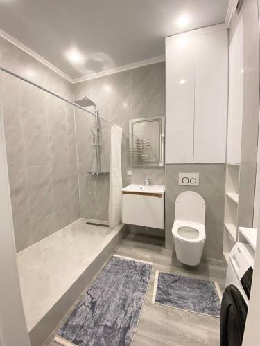 W łazience znajduje się toaleta, prysznic i umywalka. w obiekcie ЖК Керемет 2 w mieście Karaganda