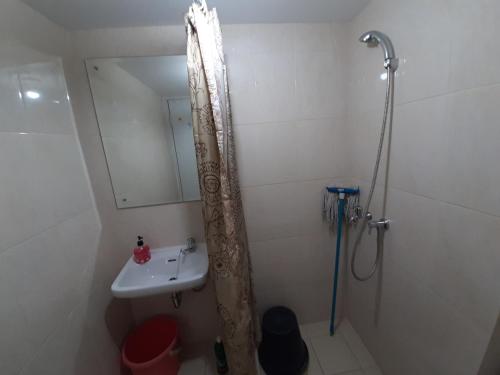 a bathroom with a shower with a sink and a mirror at The Springlake Summarecon by Bonzela Property in Kandang Satu