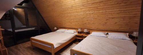 two beds in a room with wooden walls at Cabana Pietrele Șoimului in Cavnic