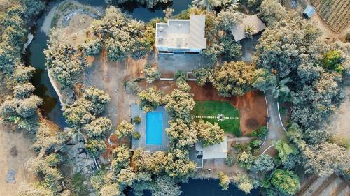 an overhead view of a garden with a blue pond at NB Nature Stay in Navi Mumbai