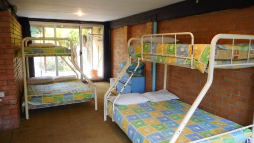 a room with three bunk beds and a brick wall at The Castle at Hat Head in Hat Head