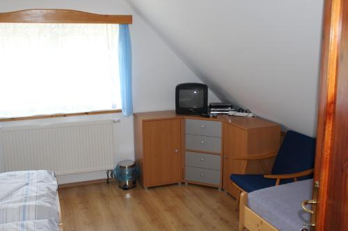 a bedroom with a bed and a dresser with a tv at Penzion Mühl in Bedřichov
