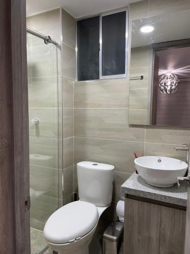 a bathroom with a toilet and a sink at Apartamento Girardot Peñalisa con Piscina in Ricaurte