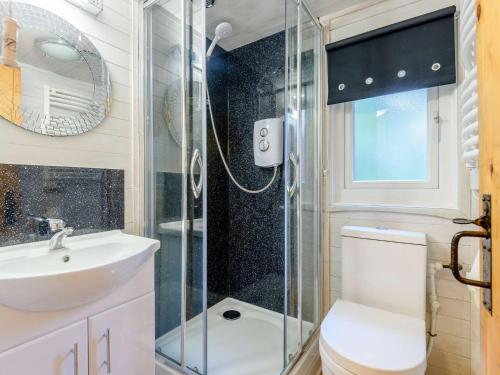 uma casa de banho com um chuveiro, um WC e um lavatório. em 2 Bed in Machynlleth 86293 em Machynlleth
