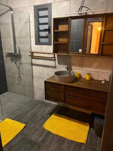 La salle de bains est pourvue d'un lavabo et d'une douche. dans l'établissement KOM LA KAZ, à Cilaos