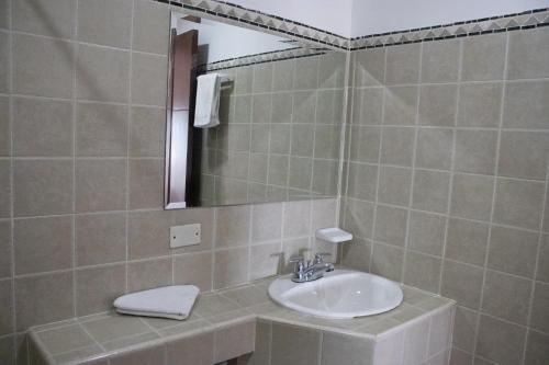 a bathroom with a sink and a mirror at Hotel El Castillo Chinauta in Chinauta