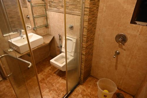 a bathroom with a shower and a toilet and a sink at HOTEL SUN GREEN in Bhubaneshwar