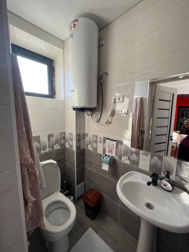 a bathroom with a toilet and a sink at Tündük Guest House, Karakol in Karakol