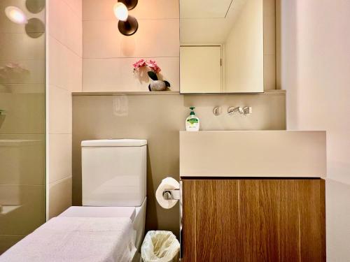 La petite salle de bains est pourvue de toilettes et d'un lavabo. dans l'établissement Highrise best location 2baths, à Melbourne