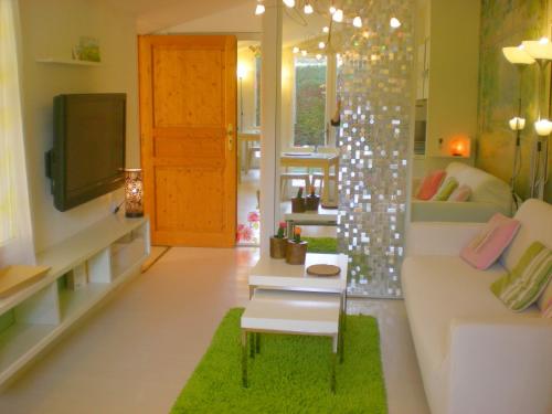 ein Wohnzimmer mit einem Sofa und einem TV in der Unterkunft clos coutin in Gréoux-les-Bains