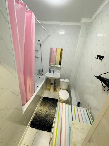 アルマトイにあるУютная квартира недалеко от аэропортаのバスルーム(白いトイレ、シンク付)