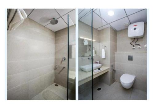two pictures of a bathroom with a toilet and a shower at La Serene Valley Resort By DLS Hotels in Manāli