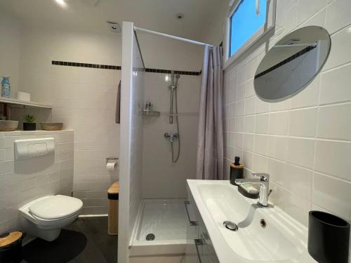 La salle de bains est pourvue d'une douche, d'un lavabo et de toilettes. dans l'établissement Charmant Studio - Port de Nice, à Nice