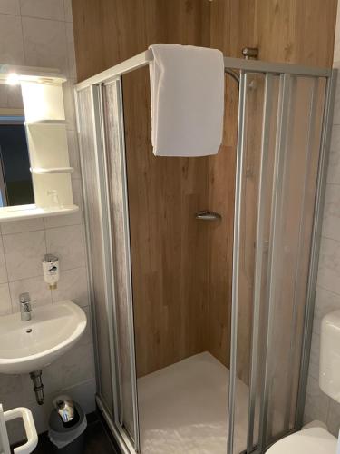 a shower in a bathroom with a sink at Hotel Sonnenhof in Obersuhl