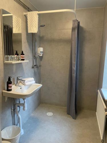 a bathroom with a sink and a shower at Hotell Briggen i Åhus in Åhus