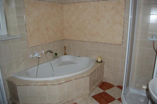 a bath tub in a tiled bathroom with a shower at Guest house Hošek in Senorady