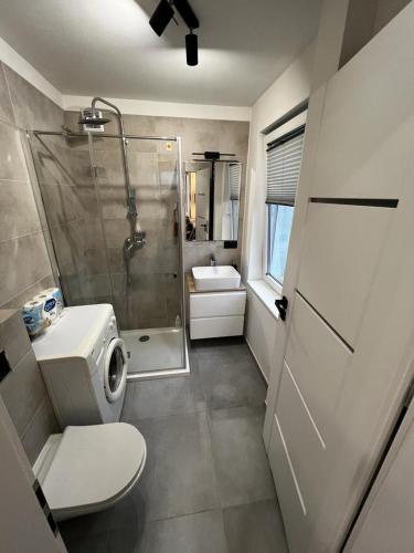 a bathroom with a shower and a toilet and a sink at Dziupla in Orneta