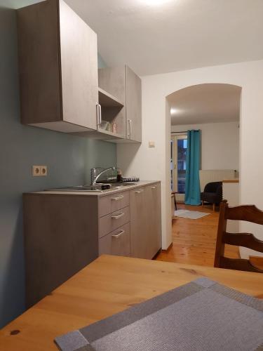 a kitchen with a sink and a counter top at Ferienwohnungen Schneiderhäusl inkl. Chiemgaukarte in Ruhpolding