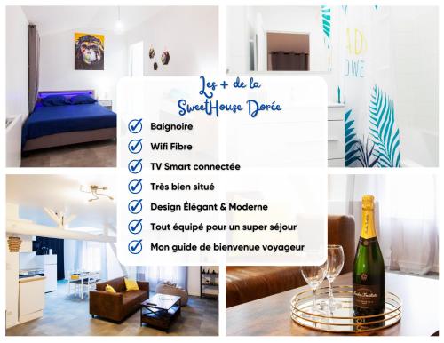 a collage of photos of a living room with a bottle of wine at La Sweet House Dorée Centre Ville Wifi Tout confort in Vitry-le-François