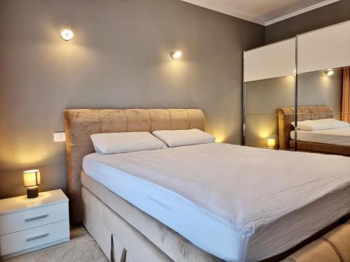 a bedroom with a large bed and a mirror at Near Forest in Timişoara