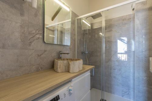 uma casa de banho com um lavatório e um chuveiro em Les Chardons - Apt duplex vue montagne em Saint-Léger-les-Mélèzes