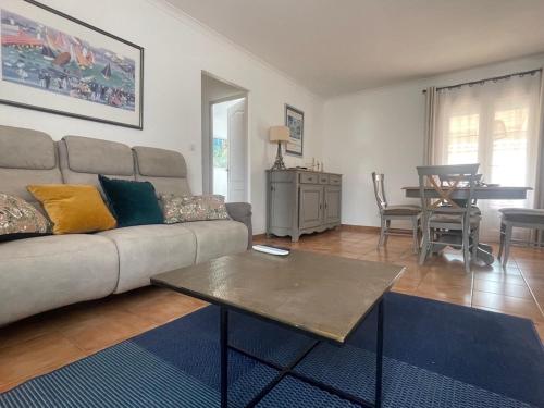 - un salon avec un canapé et une table dans l'établissement Confortable villa de vacances entre Nîmes, le Pont du Gard, Uzès, Arles, Avignon, à Marguerittes